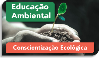 Na foto duas mãos aparecem com terra e uma folha nascendo. A palavra Educação Ambiental aparece escrito